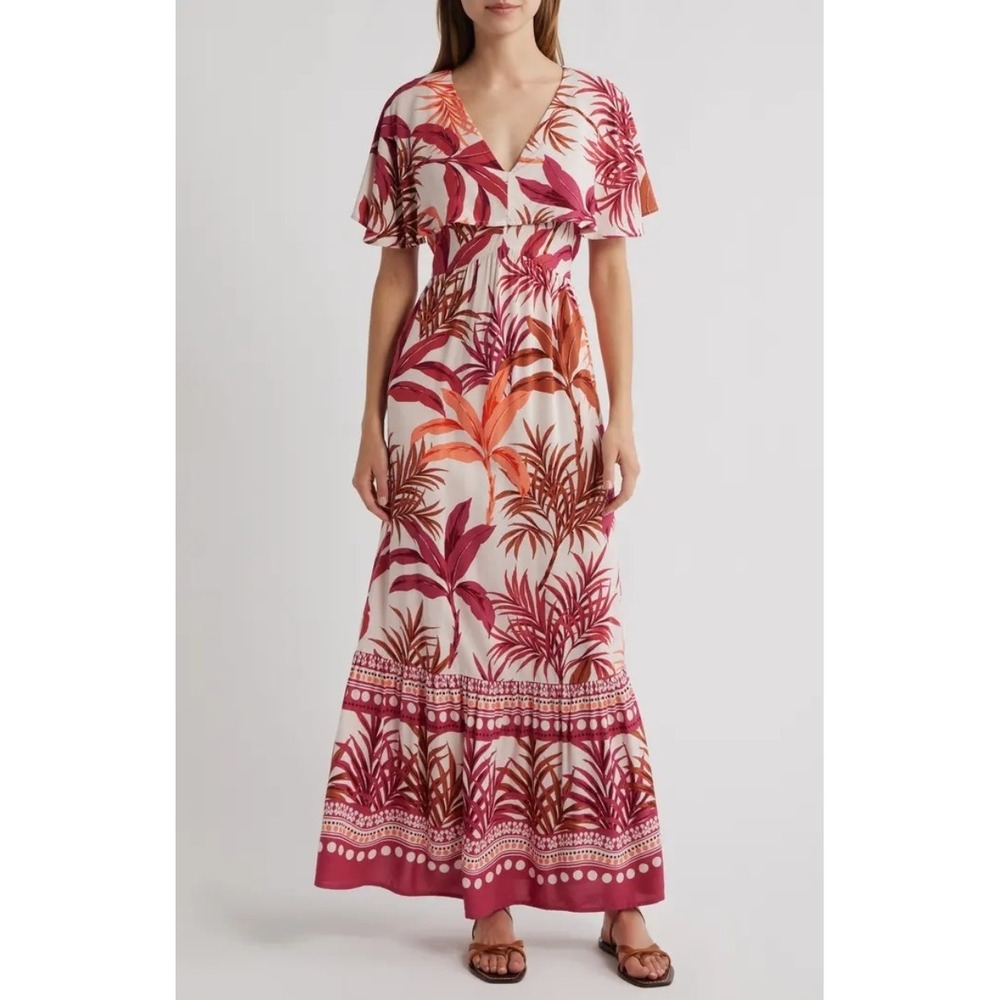 Lipsy London Palm Print Maxi Dress Red With Vibrant Palm Leaves Viscose Sz 6 NEW